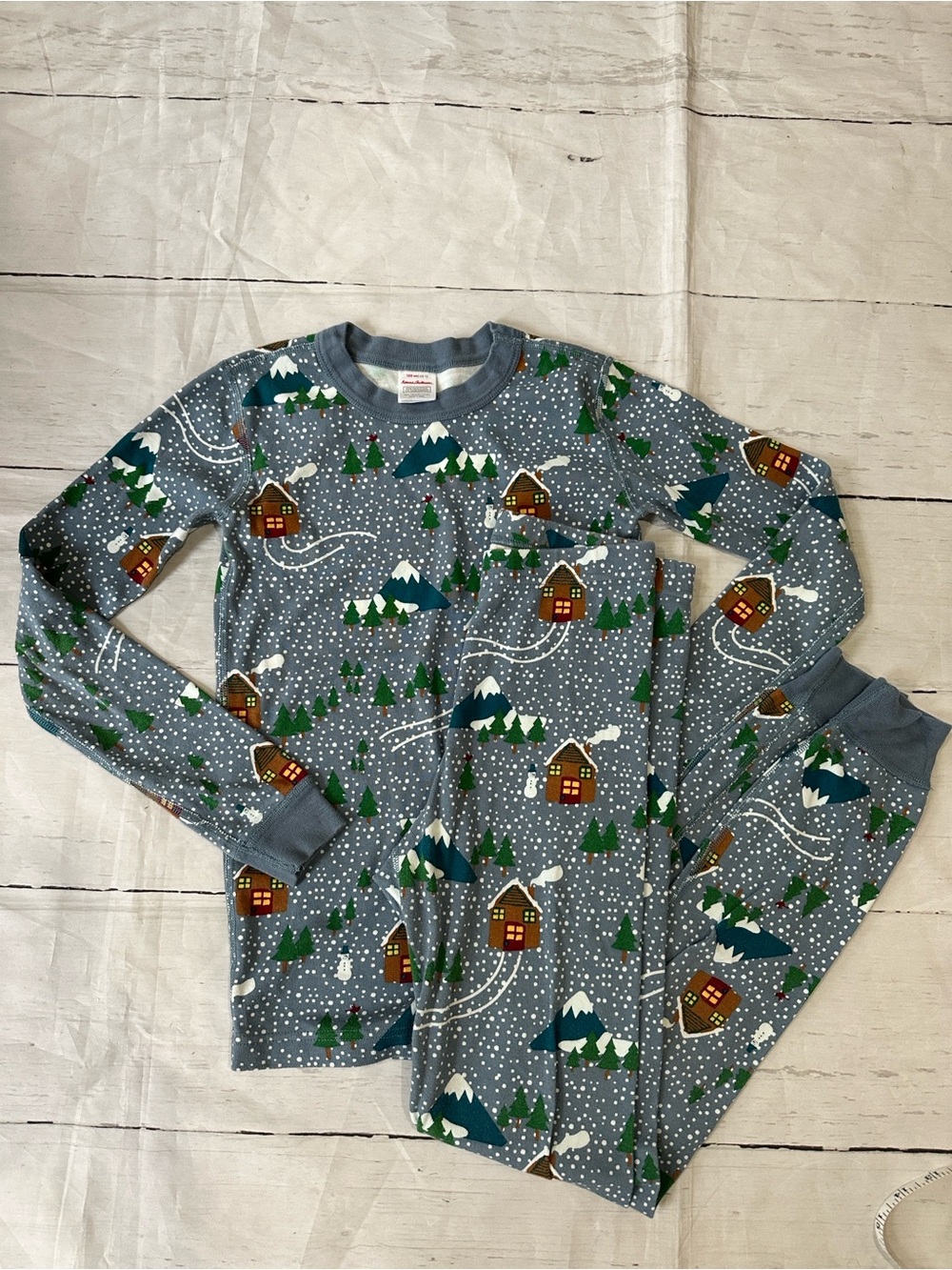 Hanna Andersson Snowy Cabin Long John Pajama Set Gray Size 12 organic cotton